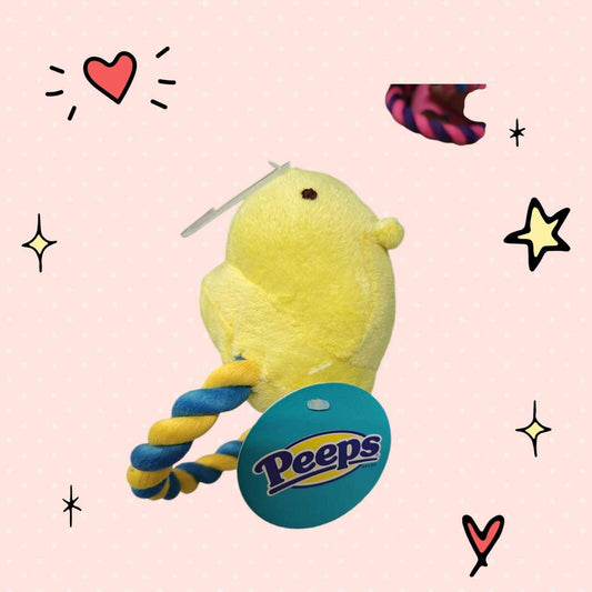 Peeps plush toy in yellow with a blue and yellow rope attached.