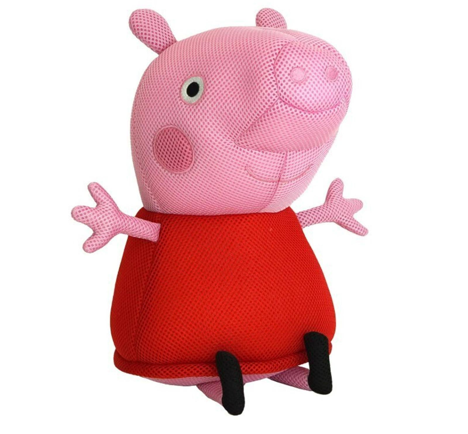 Peppa Pig plush toy with a pink head and red dress, perfect for kids.