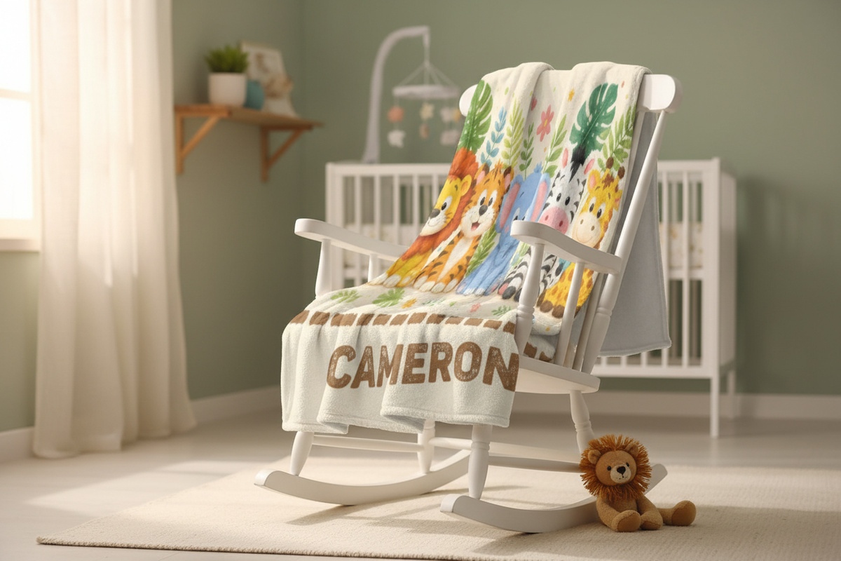 Personalized Safari Animals Blanket with Name | All-Cream Stitch Border Design | Custom Baby Gift