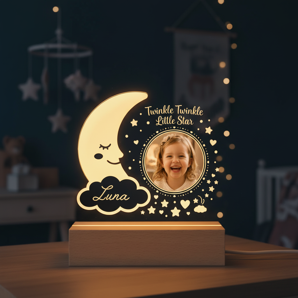 Personalized Twinkle Little Star Baby Photo Night Light | Moon, Stars, and Name | Custom Nursery Gift