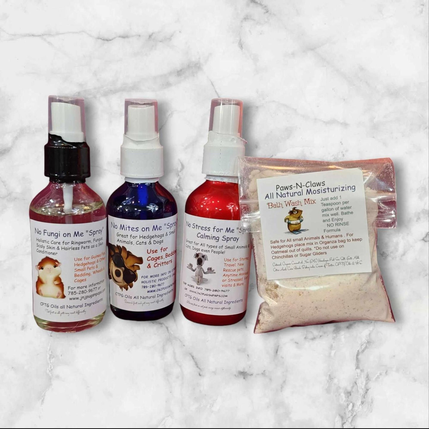 Pet Care Essentials Set includes three spray bottles and a herbal powder for pets.