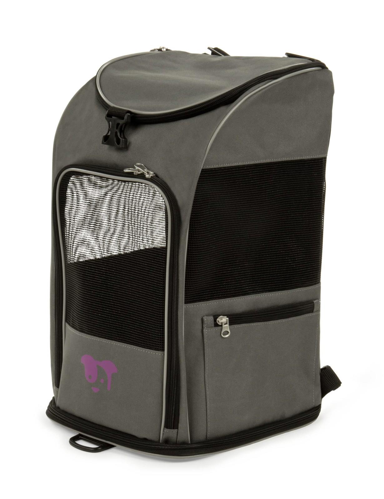 Pet Carrier Backpack features a stylish gray design with a mesh front and purple logo.