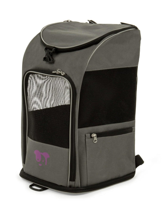Pet Carrier Backpack features a stylish gray design with a mesh front and purple logo.