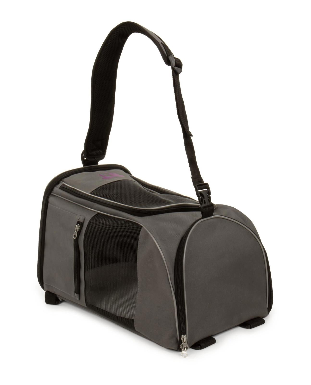 Pet carrier bag with a sleek gray design and adjustable shoulder strap.