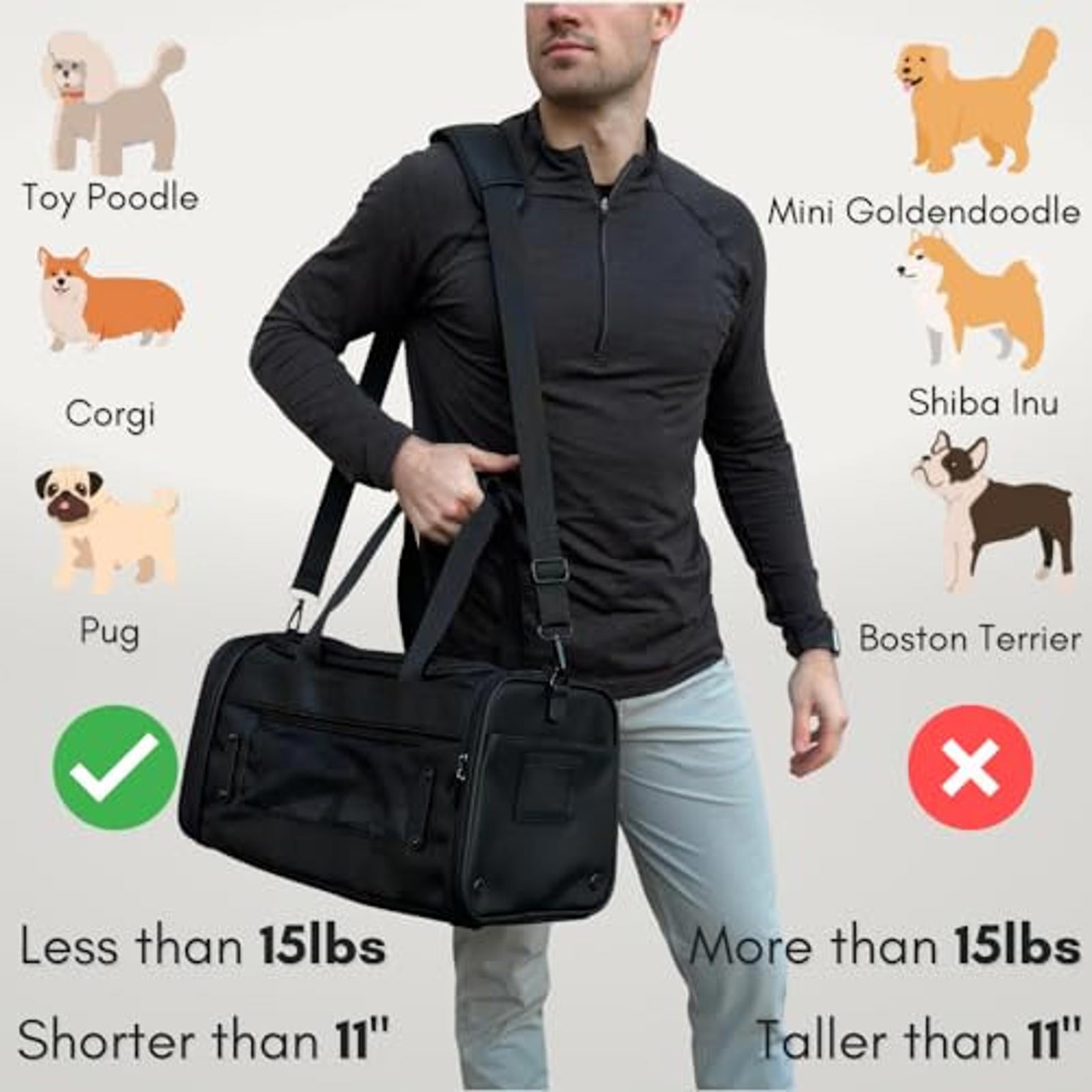 Pet Carrier Bag for dogs under 15lbs, featuring a sleek black design and adjustable strap.