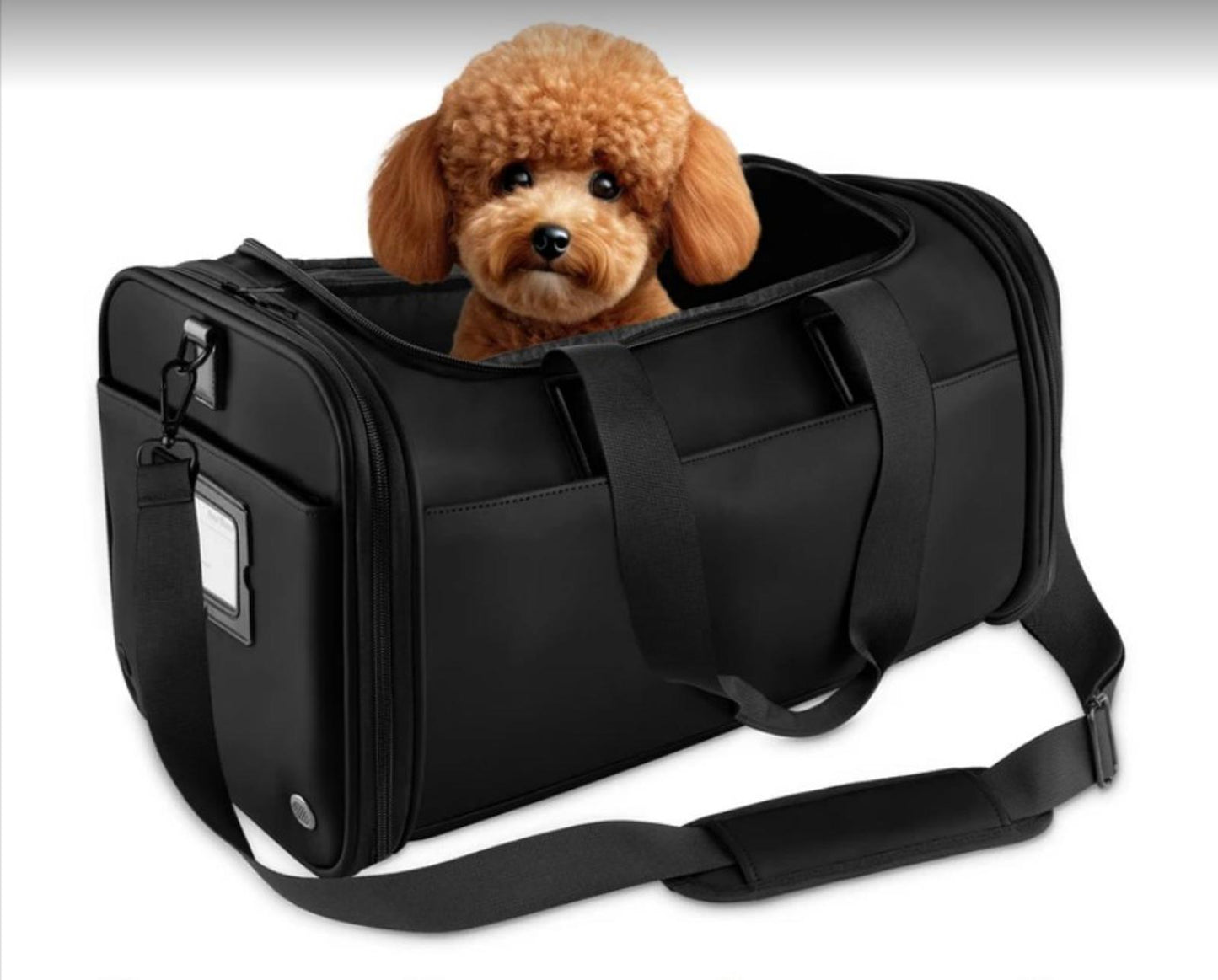 Pet Carrier Bag featuring a plush dog inside, designed for comfort and travel.