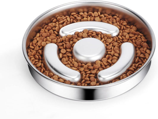 Pet food bowl with a stainless steel design and raised center for easy feeding.