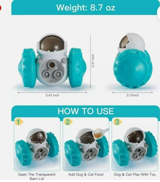 Pet food dispenser with teal wheels and transparent lid for easy access.