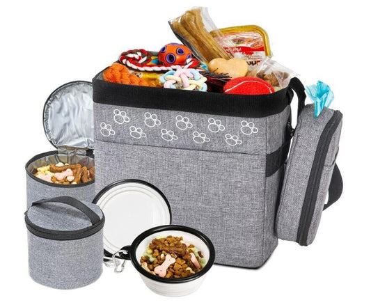 Pet Food Storage Bag with multiple containers and snacks for dogs.
