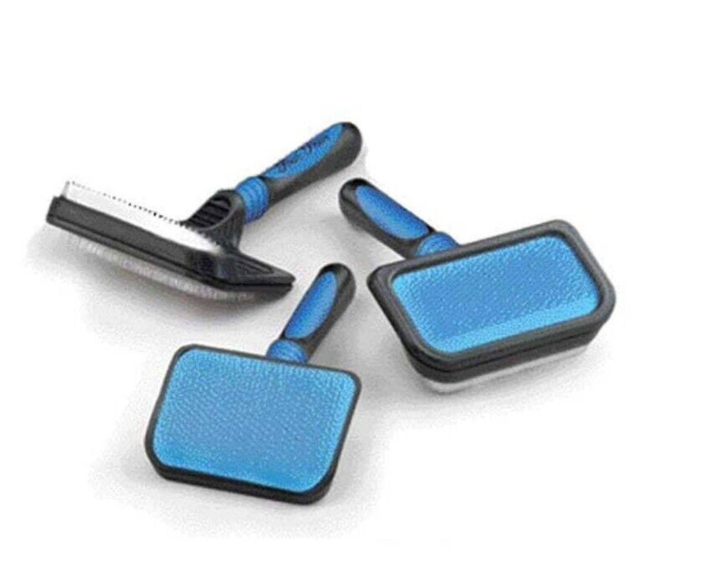 Pet grooming brushes set featuring blue rubber grips and various brush sizes.