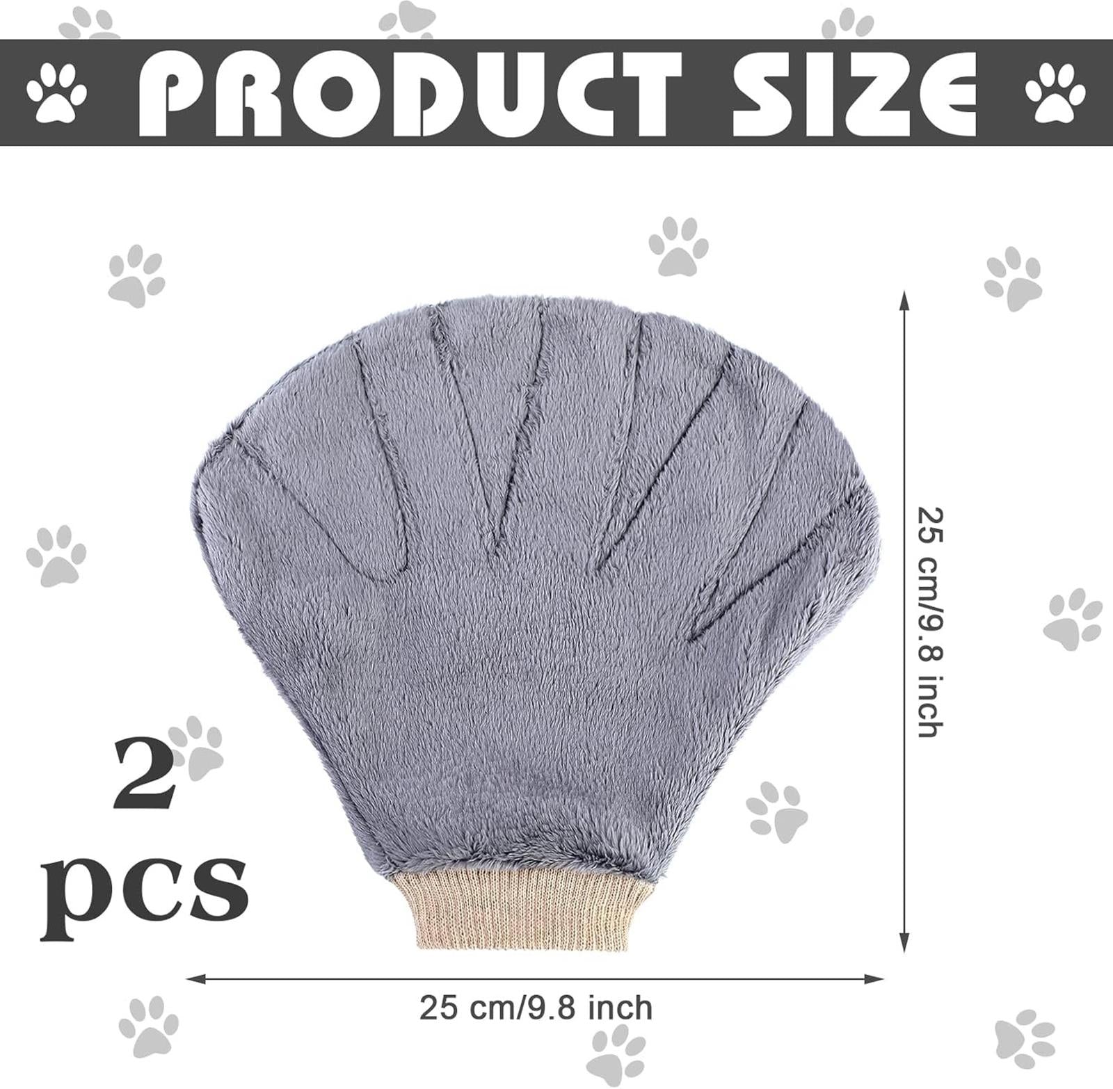 Pet grooming glove set with soft gray material, measuring 25 cm by 9.8 inches.