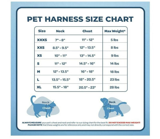 Pet Harness Size Chart displaying sizes from XXXS to XL with neck and chest measurements.