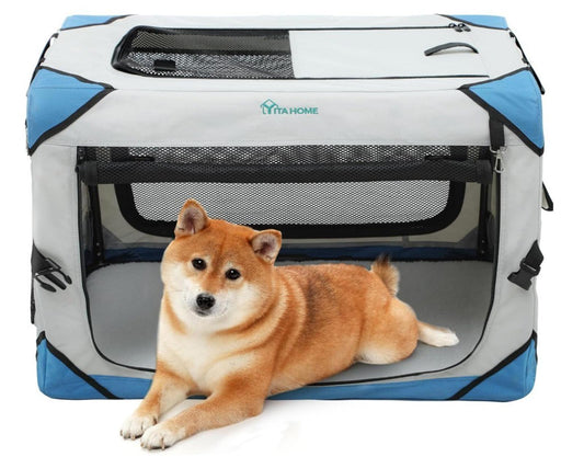Pet Home Portable Dog Crate with a Shiba Inu inside, featuring a gray and blue design.