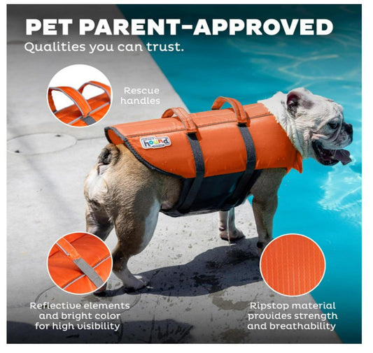 Pet Life Jacket in bright orange color with reflective elements for visibility.