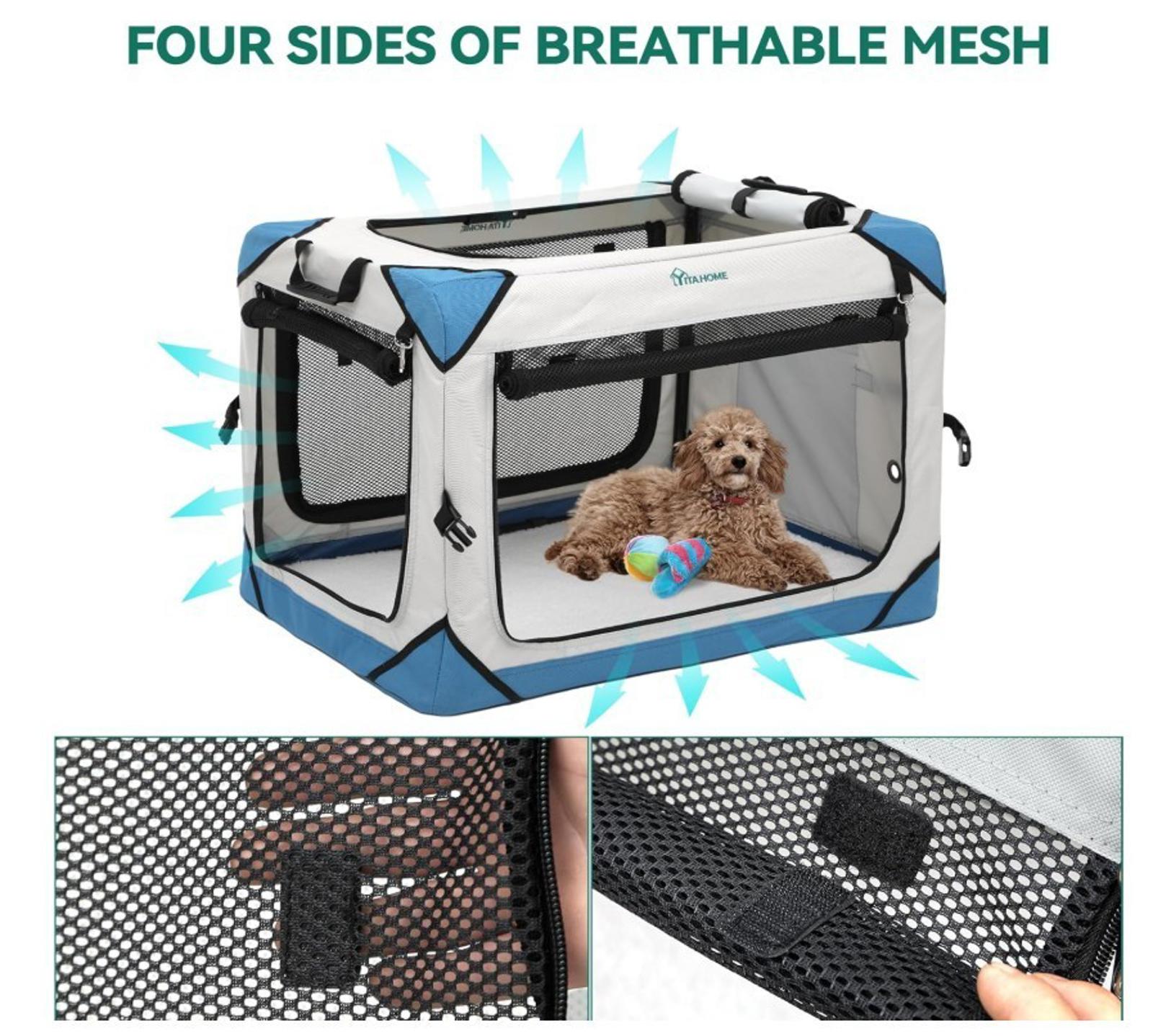 Pet Playpen with breathable mesh sides, featuring a small dog inside and colorful toys.