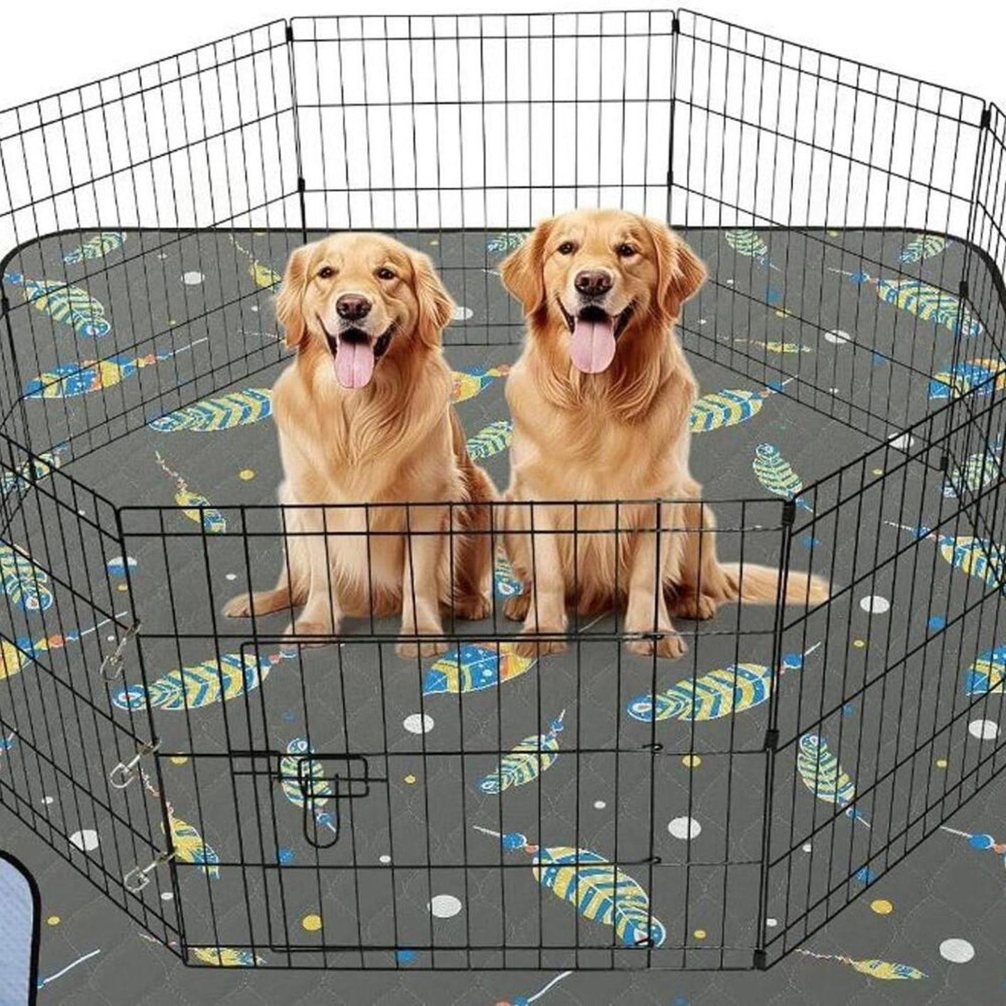 Pet Playpen with two golden retrievers on a colorful patterned floor mat.