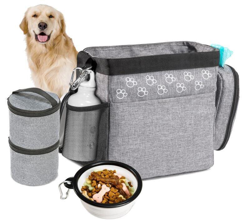 Pet Travel Bag with food containers and water bottle for dogs, featuring a gray design and paw print details.