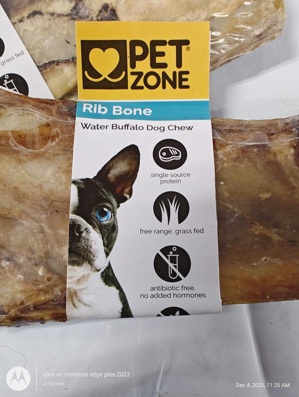 Pet Zone Rib Bone water buffalo dog chew with single source protein and antibiotic-free label.