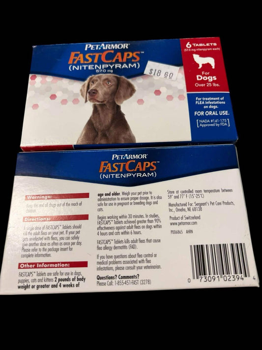 PetArmor Fast Caps (Nitenpyram) for dogs, six tablets packaging with a dog image.