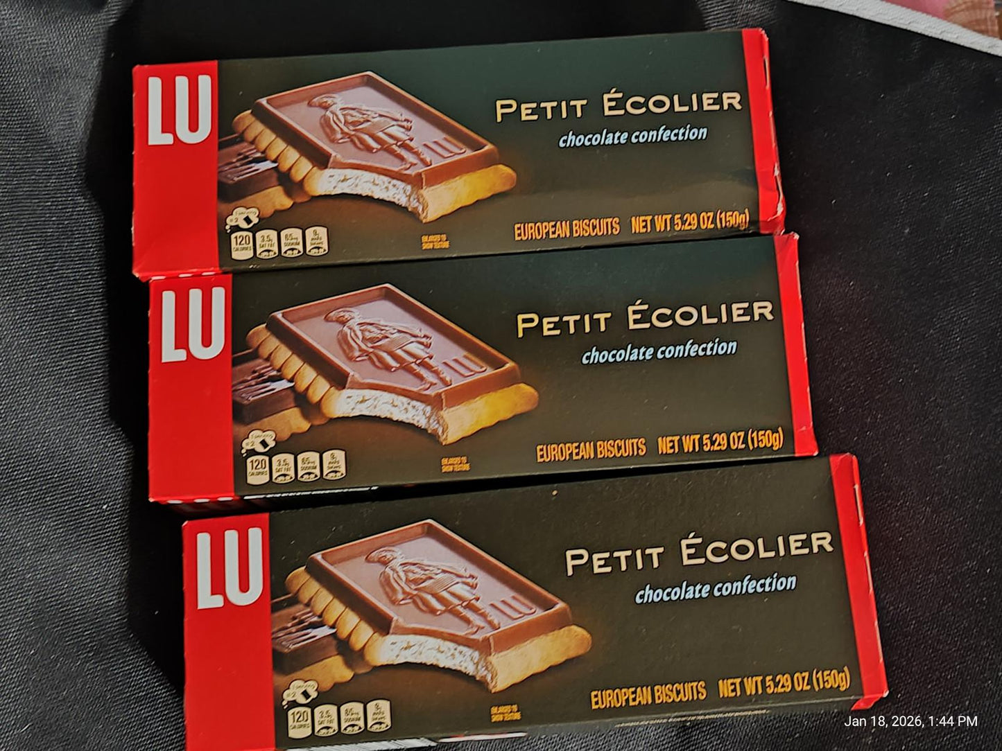 Petit Écolier chocolate confection bars stacked together, featuring rich chocolate and biscuit layers.