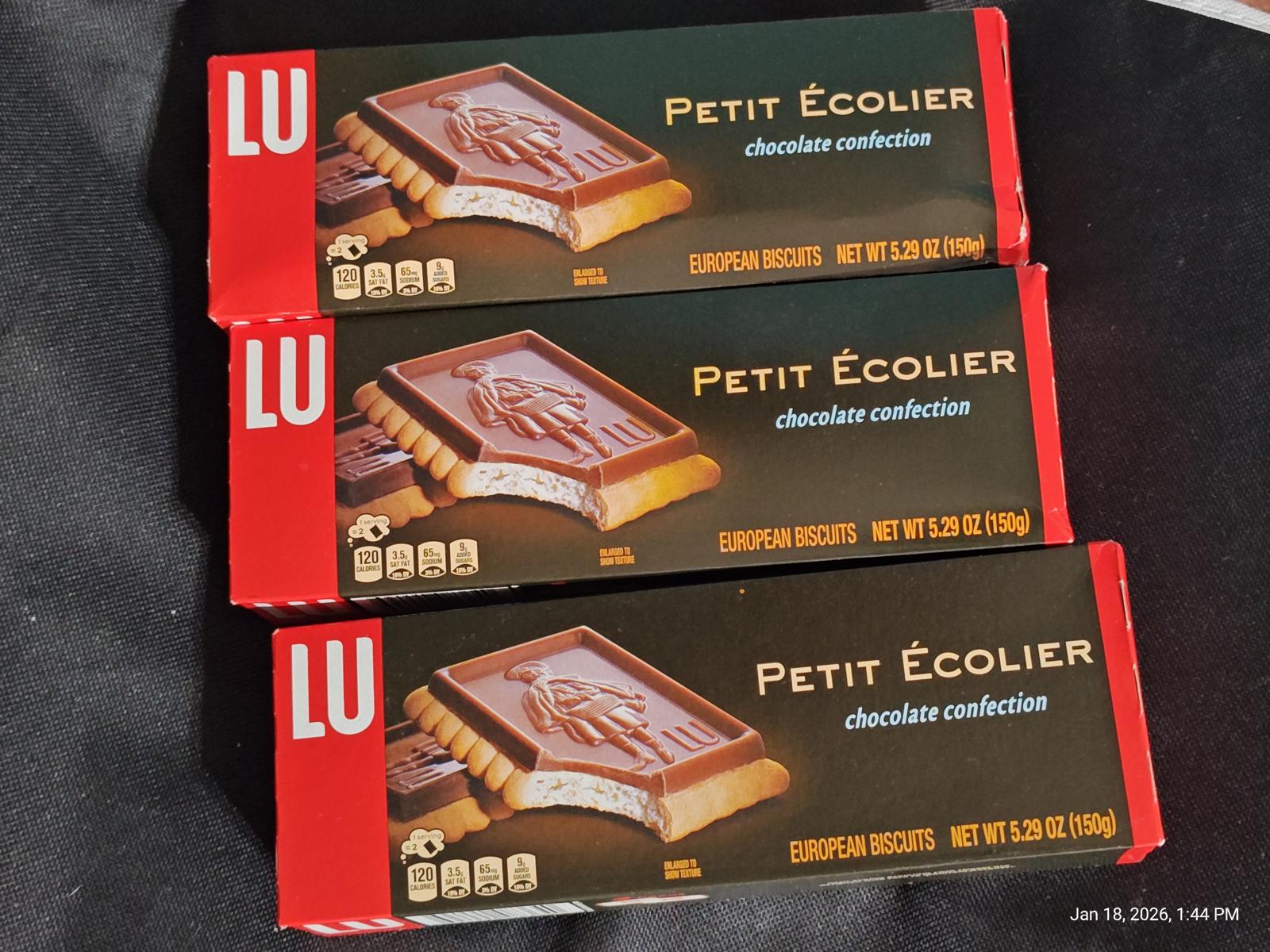 Petit Écolier chocolate cookies in red packaging, featuring a rich chocolate layer and biscuit base.