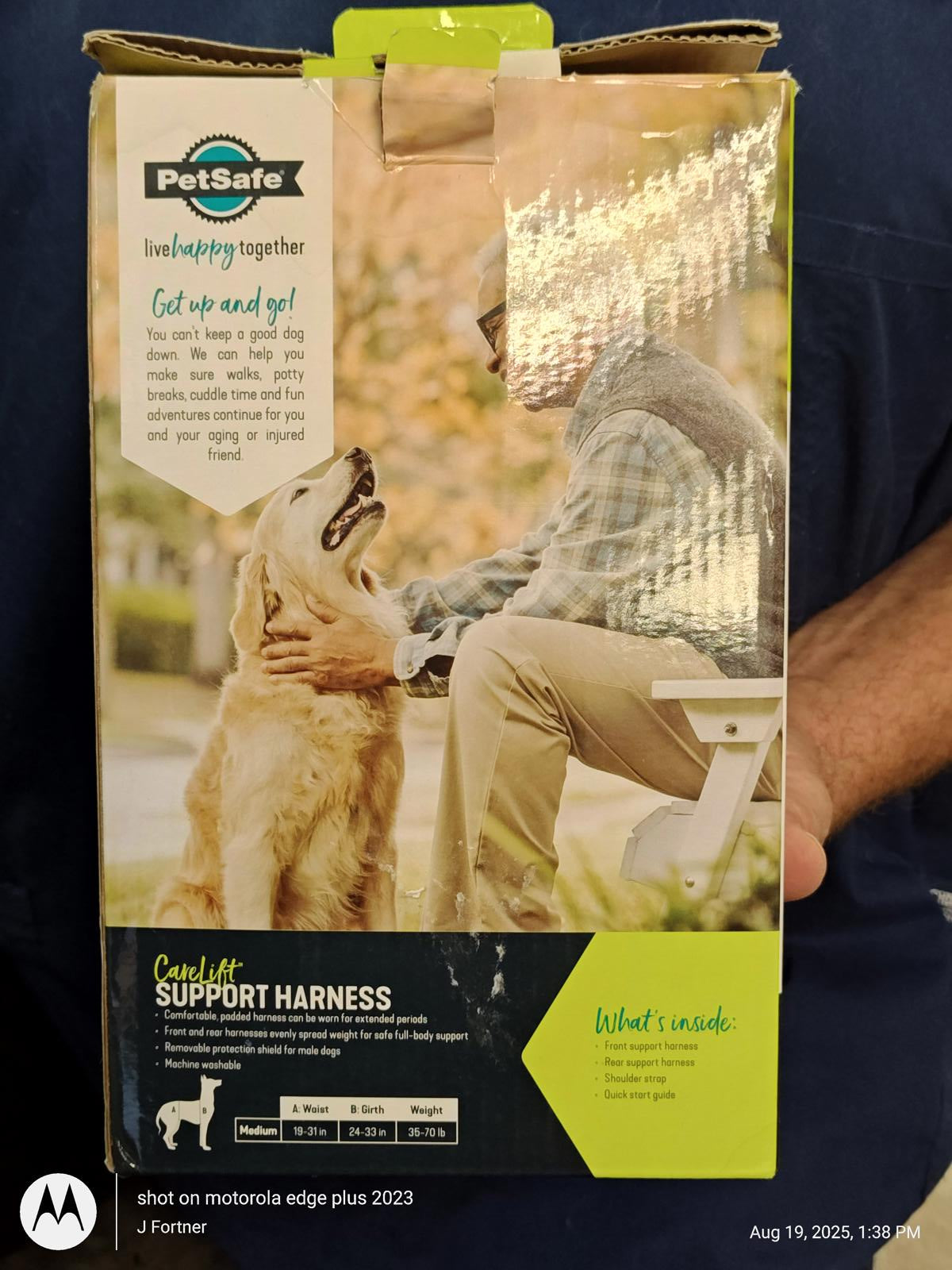 PetSafe Support Harness packaging featuring a golden retriever and a person outdoors.