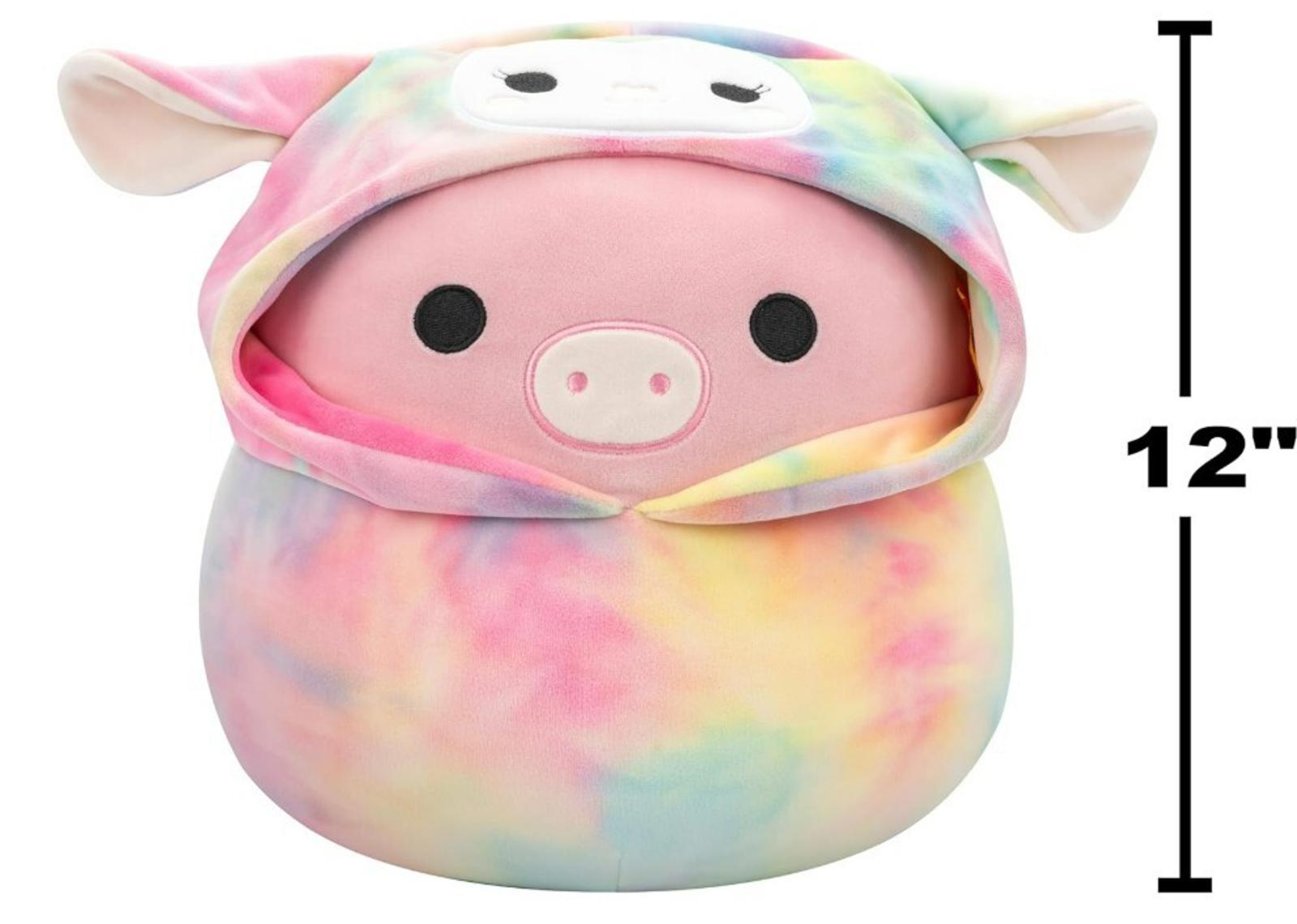 Pig plush toy with a colorful tie-dye design and a cute hood, measuring 12 inches.