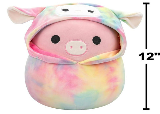 Pig plush toy with a colorful tie-dye design and a cute hood, measuring 12 inches.