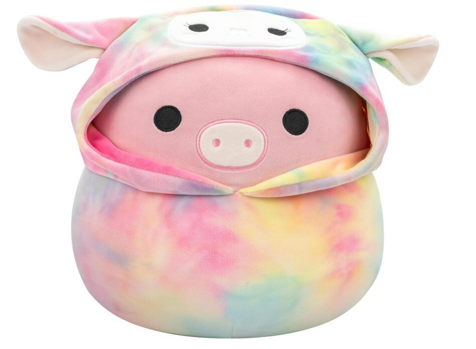 Pig Plush Toy with a colorful tie-dye hoodie, featuring cute facial details.
