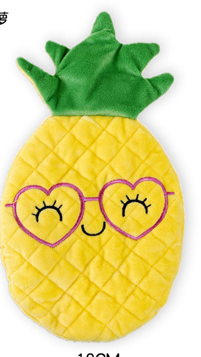 Pineapple plush pillow with green leaves and heart-shaped glasses, perfect for decor.