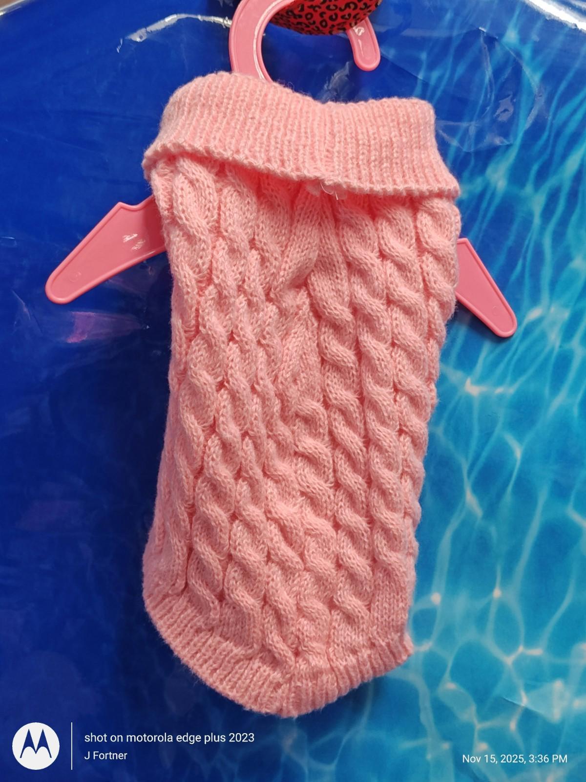 Pink Cable Knit Dog Sweater with a cozy design, perfect for chilly days.