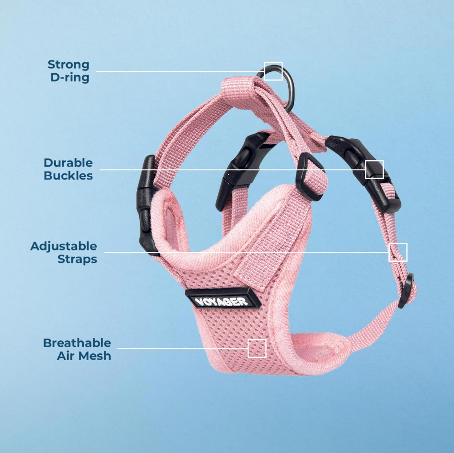 Pink Dog Harness with adjustable straps, durable buckles, and breathable air mesh for comfort.