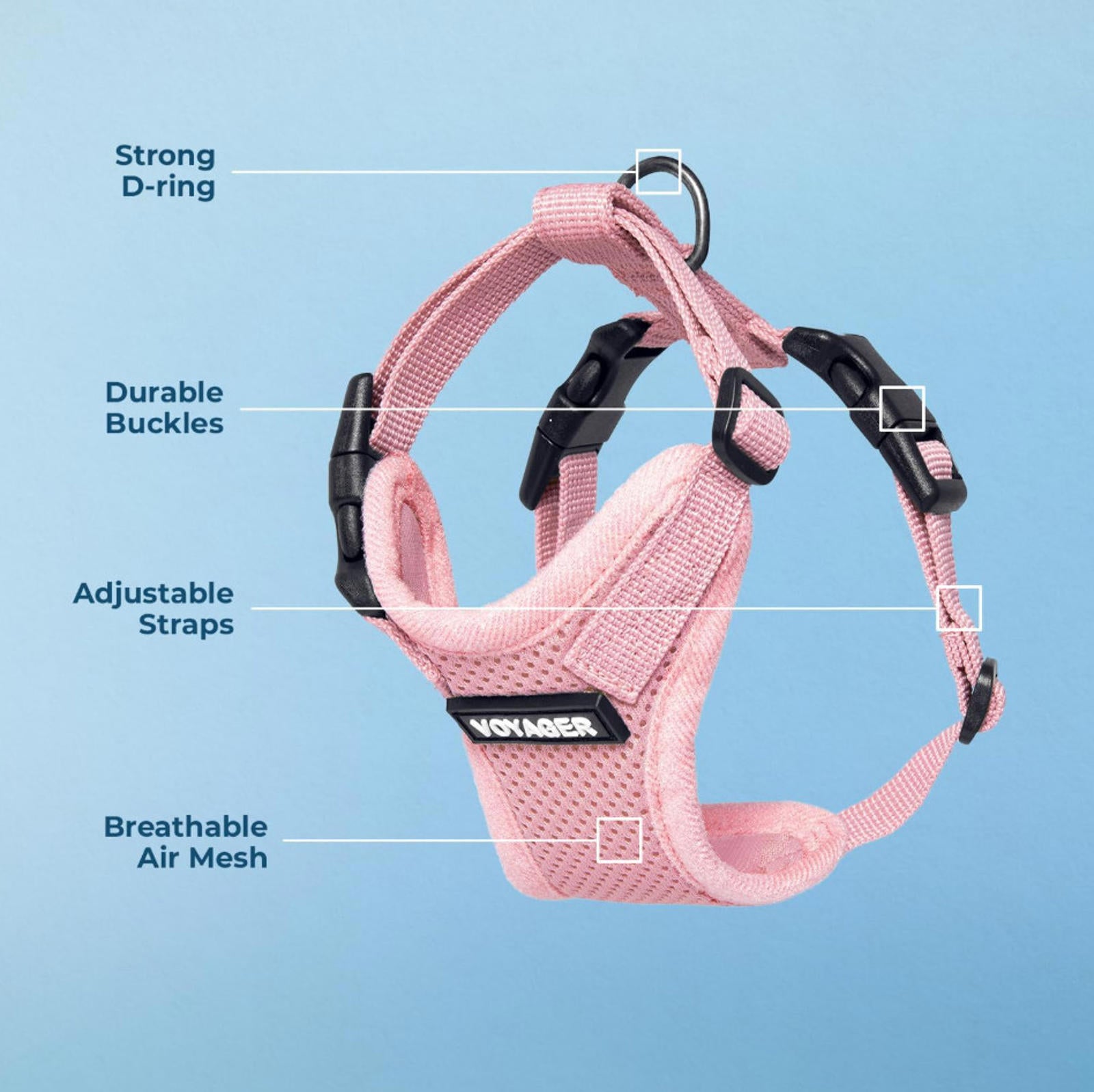 Pink Dog Harness with adjustable straps, durable buckles, and breathable air mesh for comfort.