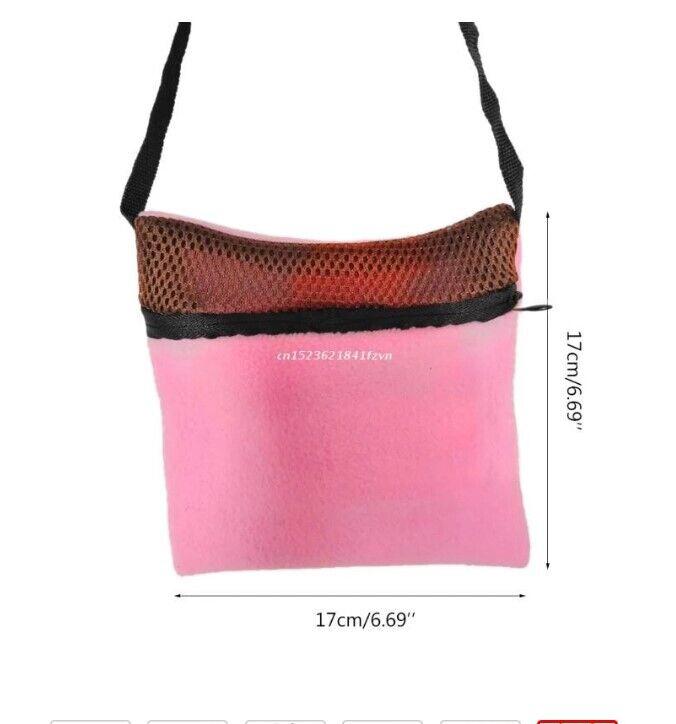 Pink mesh tote bag with black strap and brown mesh top, measuring 17cm.