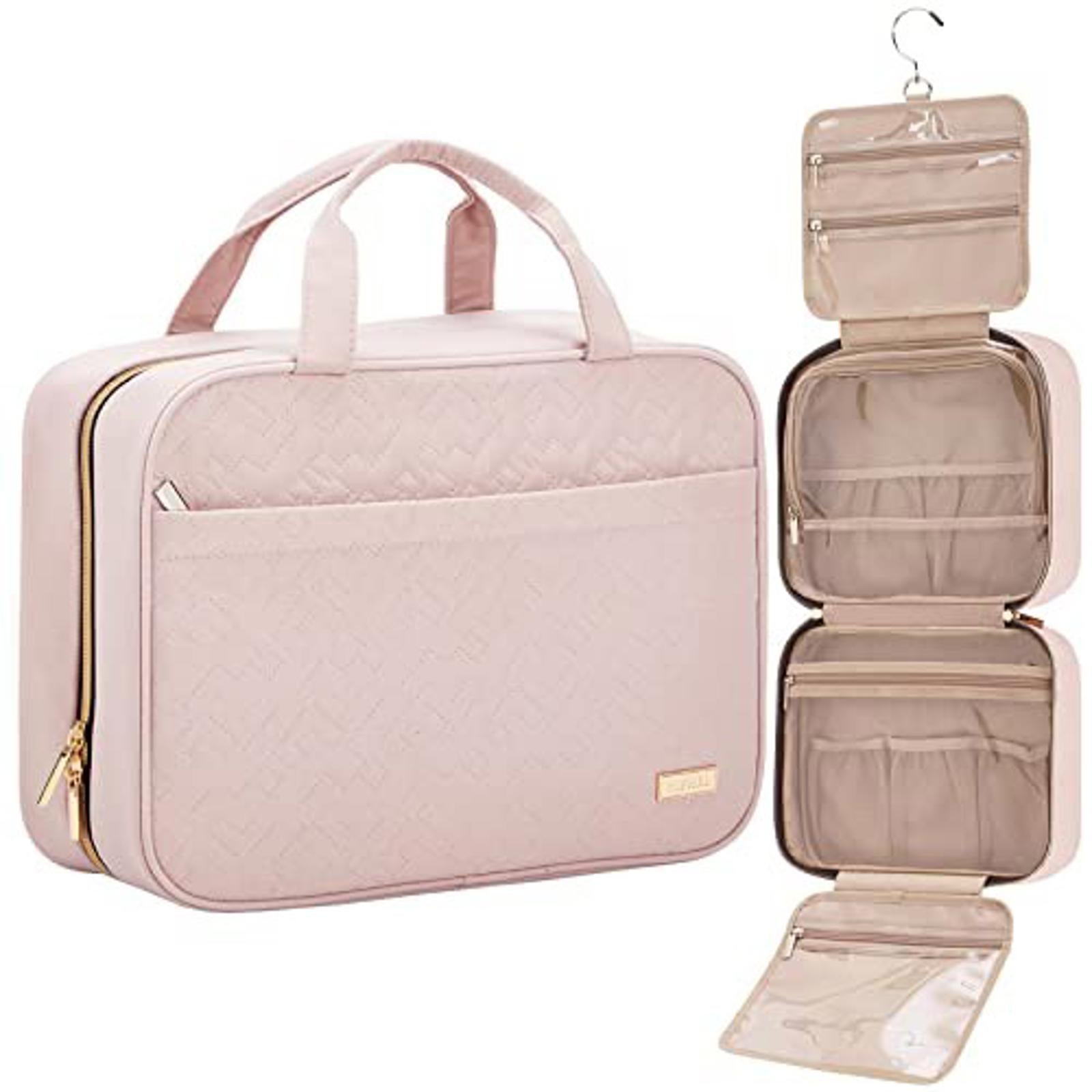 Pink Quilted Cosmetic Bag with multiple compartments for organization.