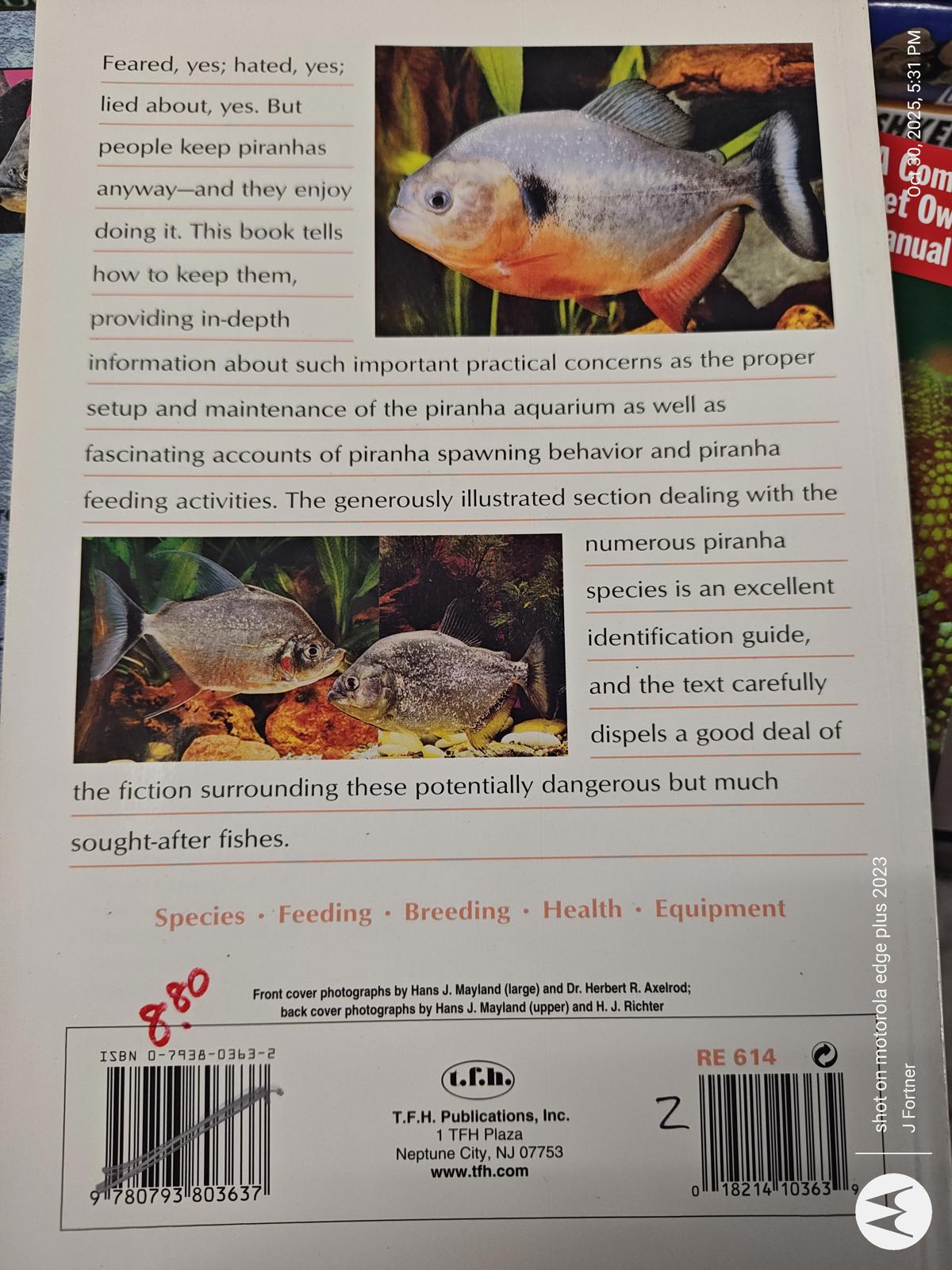Piranha Care Guide book cover featuring colorful fish illustrations and detailed information on feeding and breeding.