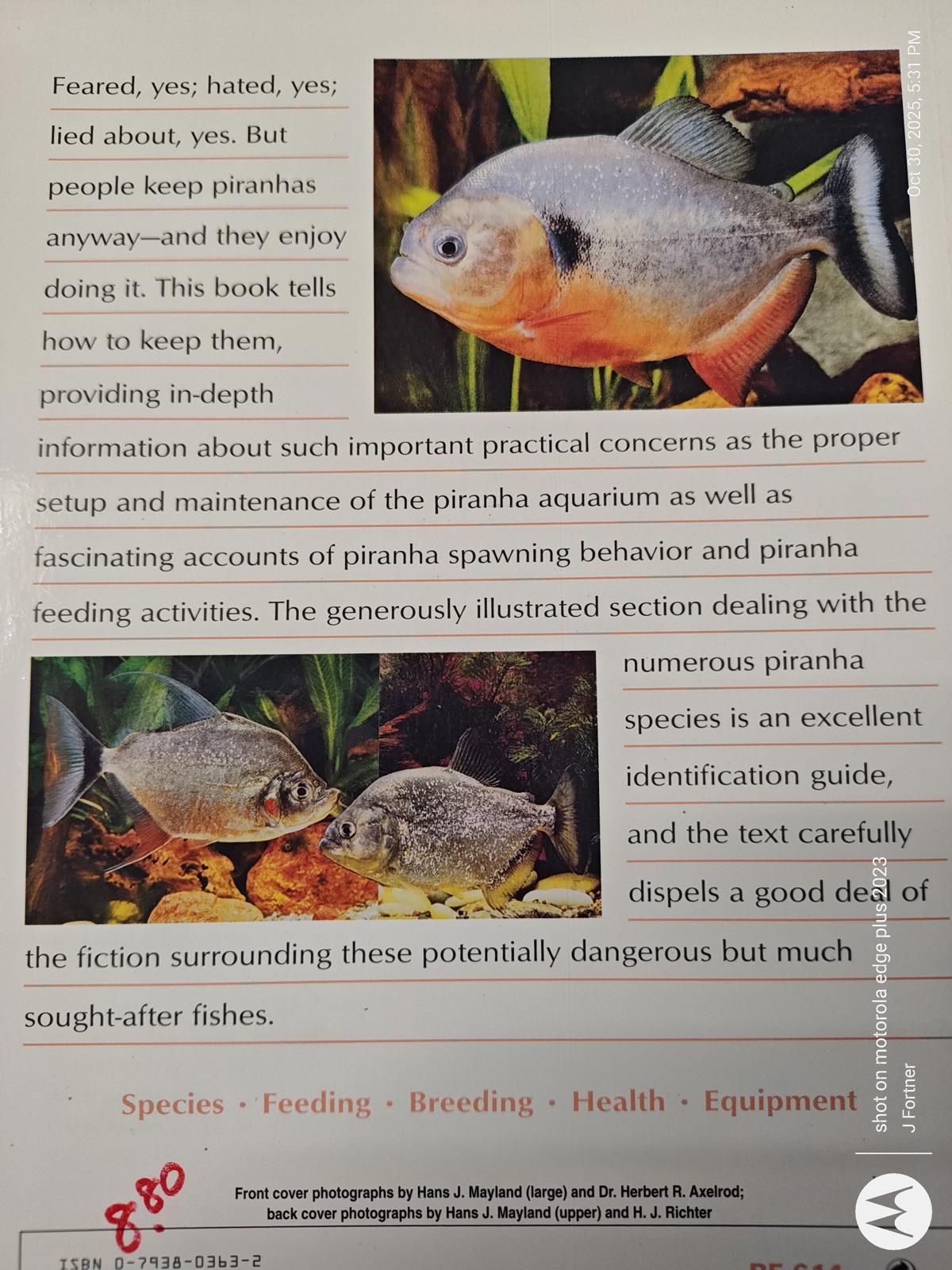 Piranha care guide book featuring information on species, feeding, and breeding.