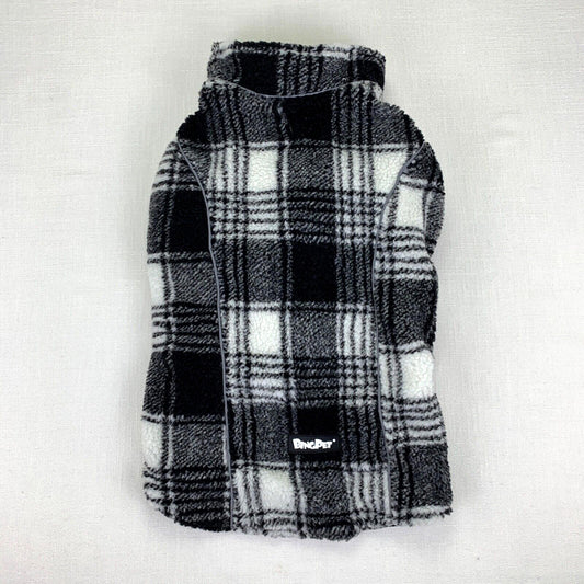 Plaid Dog Jacket featuring a black and white checkered pattern for warmth and style.