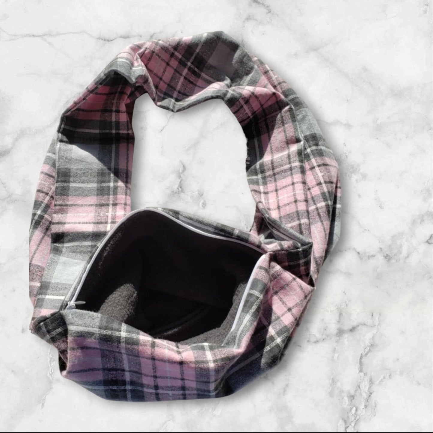 Plaid Infinity Scarf in pink and gray with a soft interior lining.