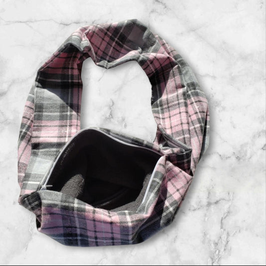 Plaid Infinity Scarf in pink and gray with a soft interior lining.