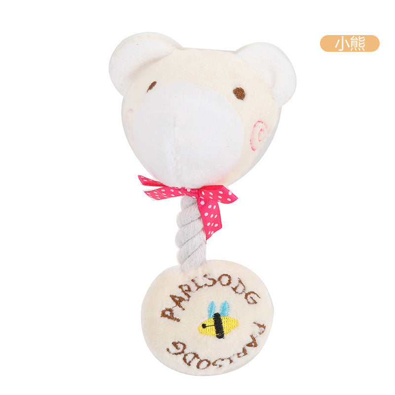 Plush Bear Rattle Toy with a pink bow and embroidered bee design.