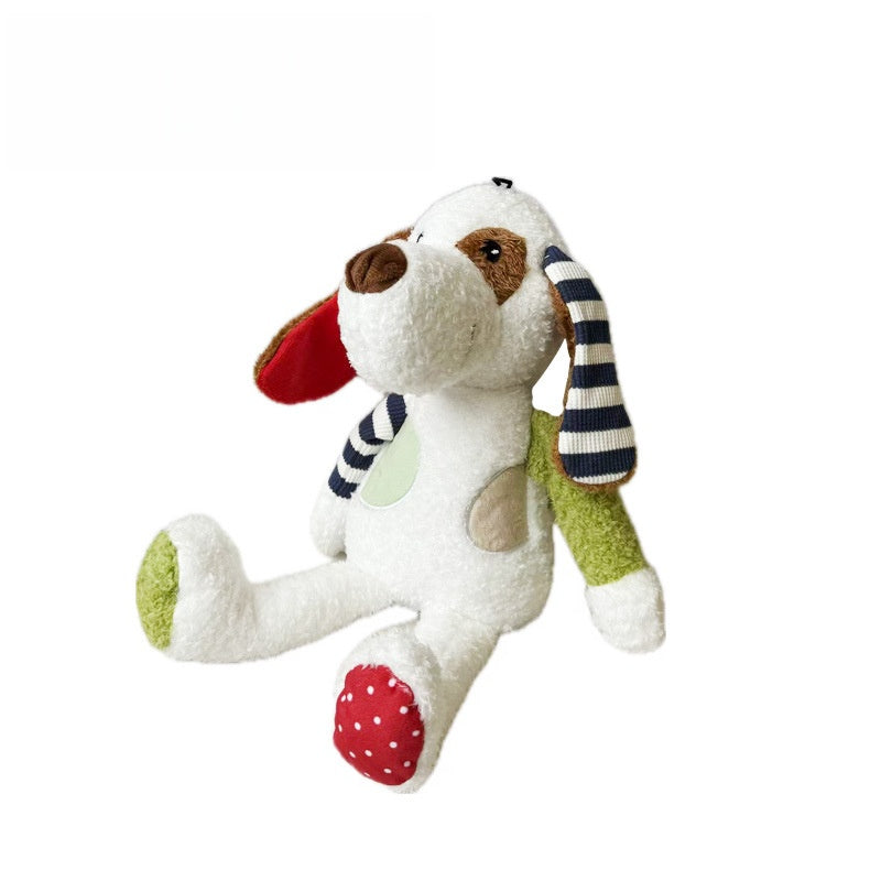 Plush Dog Toy with colorful patches and striped ears, perfect for cuddling.