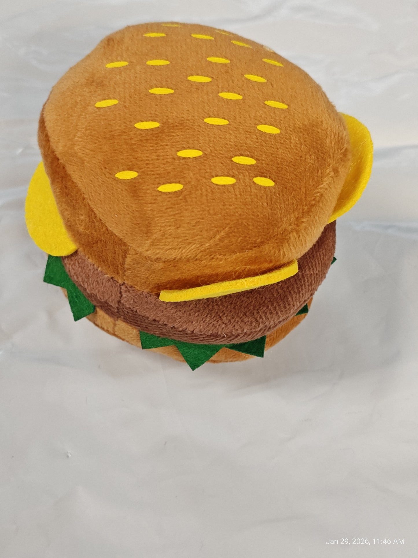 Plush Hamburger Toy featuring soft brown bun, yellow cheese, and green lettuce.