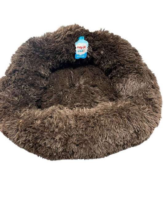 Plush pet bed in soft brown color, featuring a cozy round design for comfort.