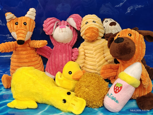 Plush Toy Set featuring colorful animals including a fox, rabbit, duck, and dog.