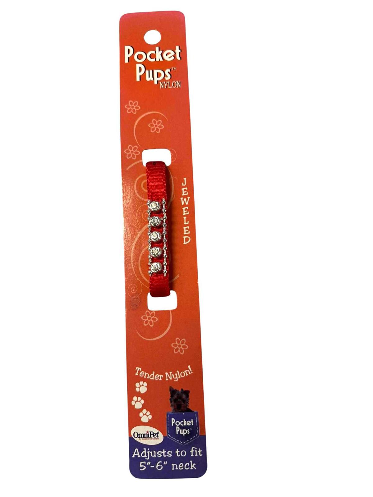 Pocket Pups jeweled collar in red, designed for 5-6 inch necks with a stylish look.