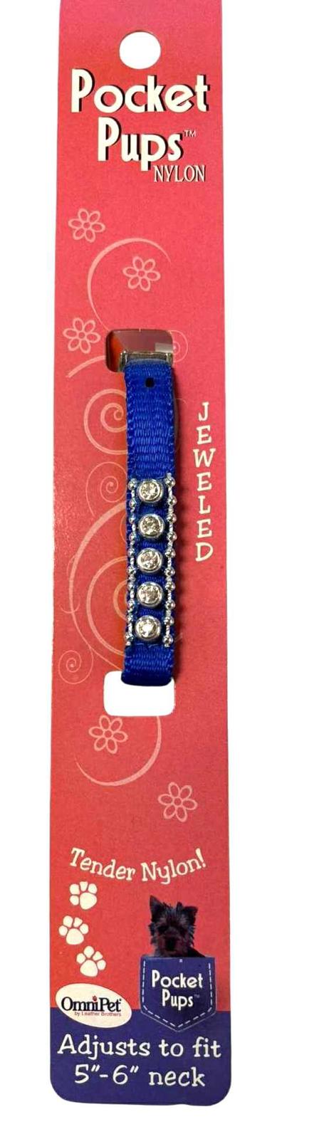 Pocket Pups jeweled nylon collar in blue, designed for small dogs with a 5-6 inch neck.