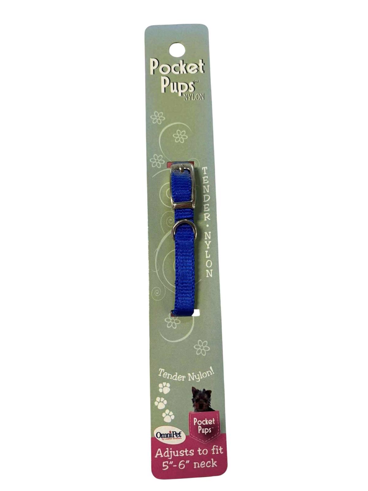 Pocket Pups medium nylon collar in blue, adjustable for 5-6 inch necks.