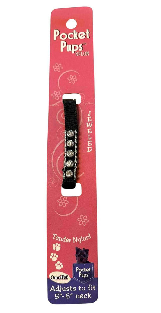 Pocket Pups jeweled nylon collar in black, designed for small dogs with a 5-6 inch neck.