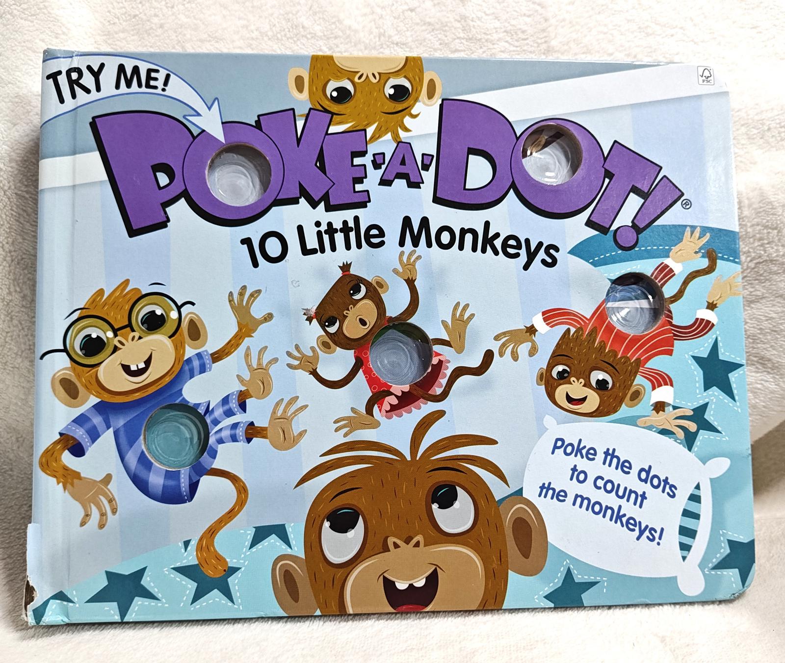 Poke-a-Dot! 10 Little Monkeys game featuring colorful monkey illustrations and dot-poking holes.